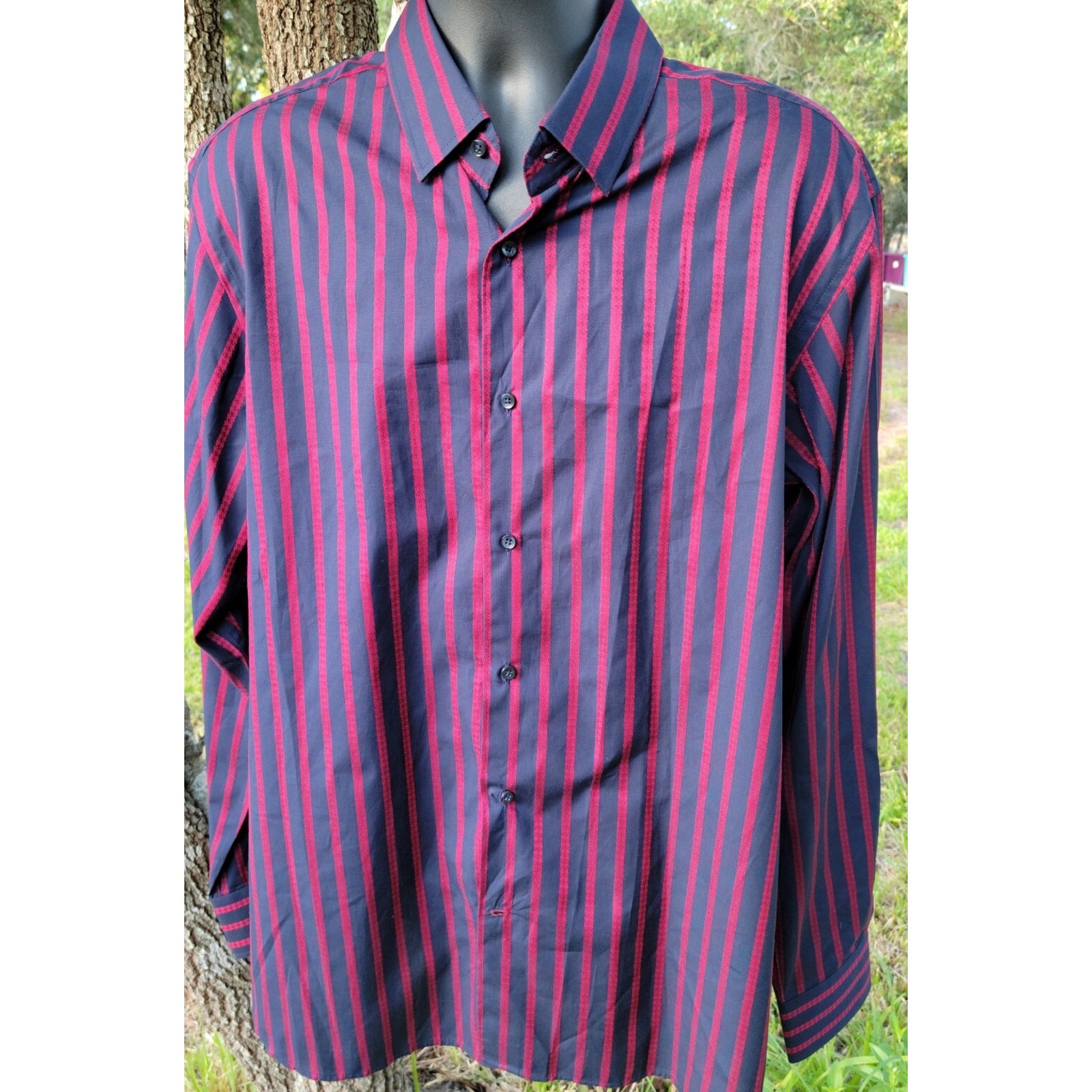 Luchiano Visconti Black Shirt Sz Xl Button Up Navy & Red Striped Contrast Cuffs